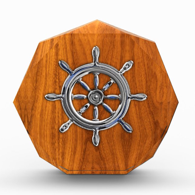 Silver Nautical Wheel on Teak Veneer Print Award (Front)