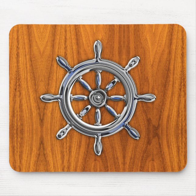 Silver Nautical Wheel on Teak Veneer Print Mouse Pad (Front)