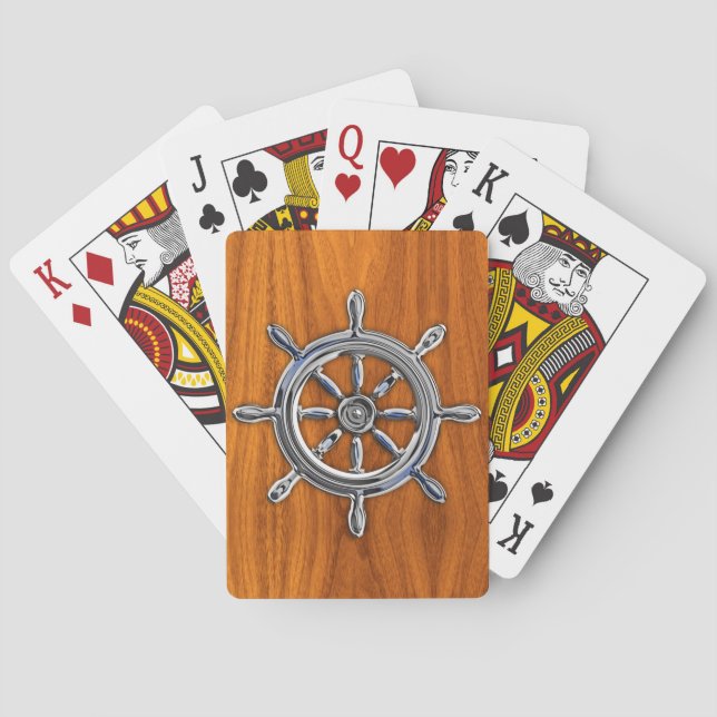 Silver Nautical Wheel on Teak Veneer Print Poker Cards (Back)