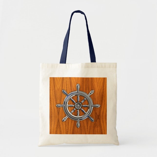 Silver Nautical Wheel on Teak Veneer Print Tote Bag (Front)
