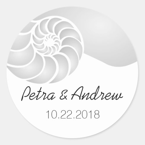 Silver Nautilus Shell Beach Wedding Classic Round Sticker
