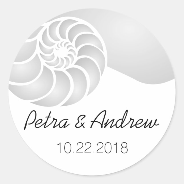 Silver Nautilus Shell Beach Wedding Classic Round Sticker (Front)
