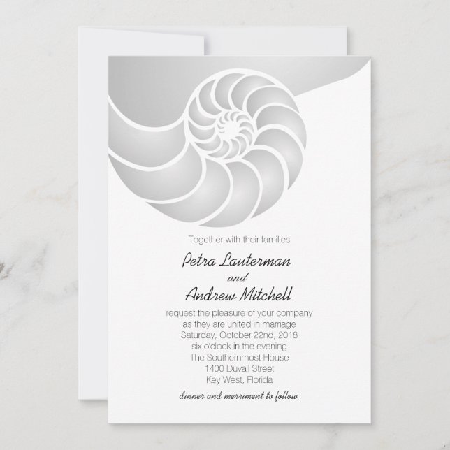 Silver Nautilus Shell Beach Wedding Invitation (Front)