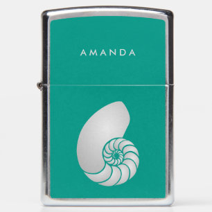 Silver Nautilus Shell on Teal with Monogram Zippo Lighter
