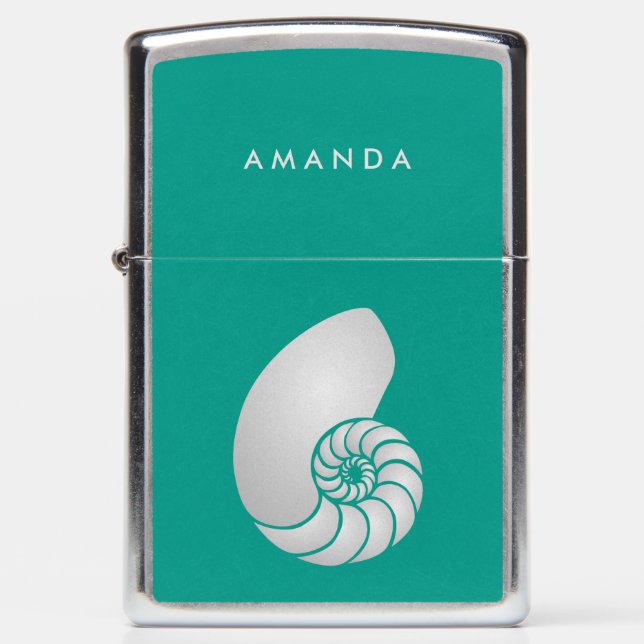Silver Nautilus Shell on Teal with Monogram Zippo Lighter (Front)