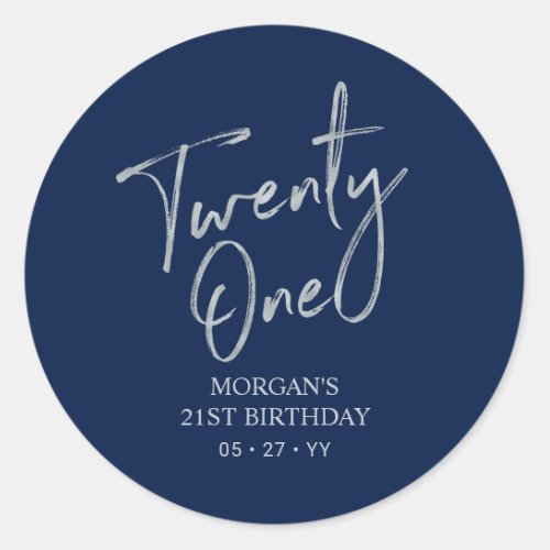 Silver  Navy 21st Birthday Party Favor Thank you Classic Round Sticker