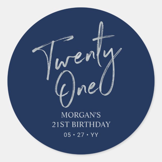 Silver & Navy 21st Birthday Party Favor Thank you Classic Round Sticker (Front)