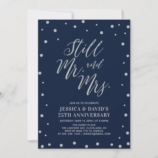 Silver & Navy, 25th Wedding Anniversary Invitation (Front)