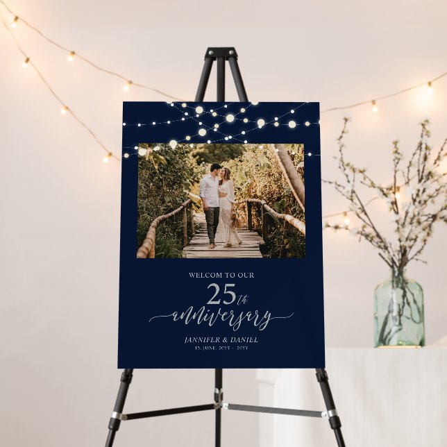 Silver & Navy 25th Wedding Anniversary Welcome Foa Foam Board (In Situ (Stand))