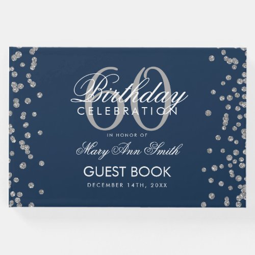 Silver Navy 60th Birthday Party Glitter Confetti Guest Book