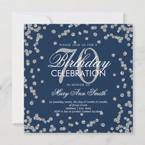 Silver Navy 70th Birthday Elegant Glitter Confetti Invitation