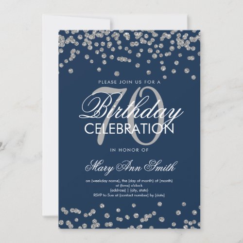 Silver Navy 70th Birthday Party Glitter Confetti Invitation