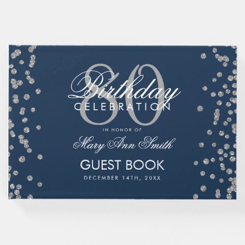 Silver Navy 80th Birthday Party Glitter Confetti Guest Book
