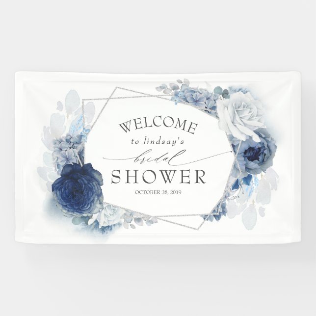 Silver Navy and Dusty Blue Floral Bridal Shower Banner (Horizontal)