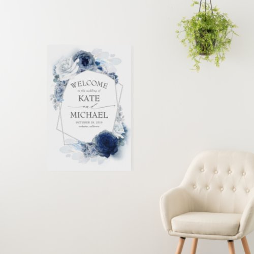 Silver Navy and Dusty Blue Floral Wedding Welcome  Foam Board