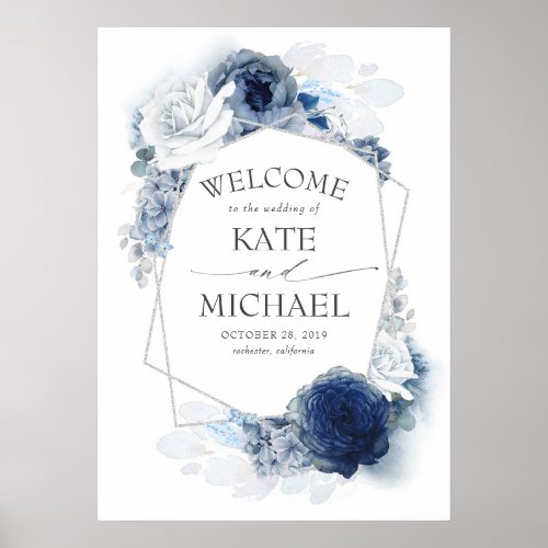 Silver Navy and Dusty Blue Floral Wedding Welcome  Poster