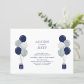 Silver & Navy Balloon Modern Adult Birthday Party Invitation (Standing Front)