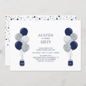 Silver & Navy Balloon Modern Adult Birthday Party Invitation (Front/Back)