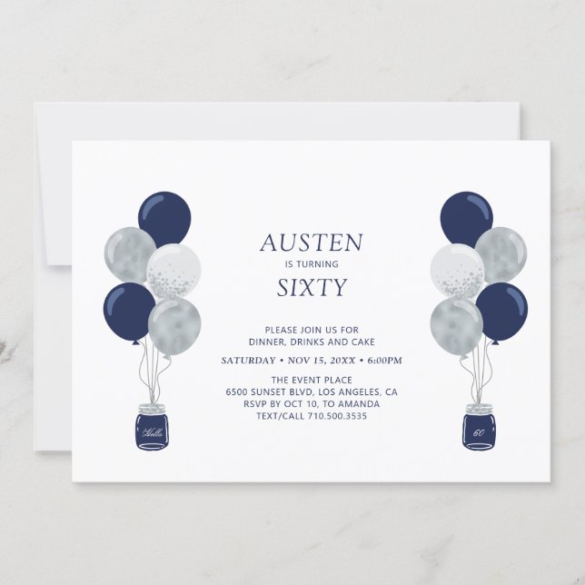 Silver & Navy Balloon Modern Adult Birthday Party Invitation (Front)