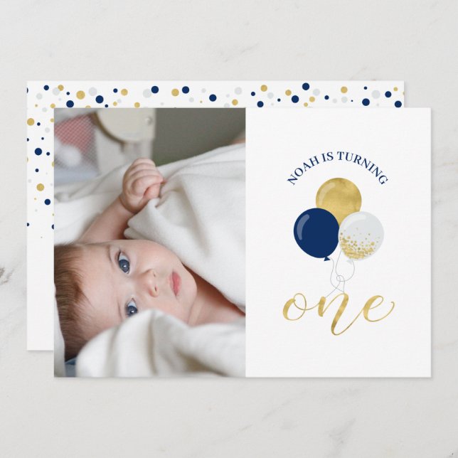 Silver & Navy Balloons | Boy 1st Birthday Party Invitation (Front/Back)