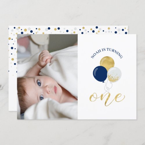 Silver  Navy Balloons  Boy 1st Birthday Party Invitation