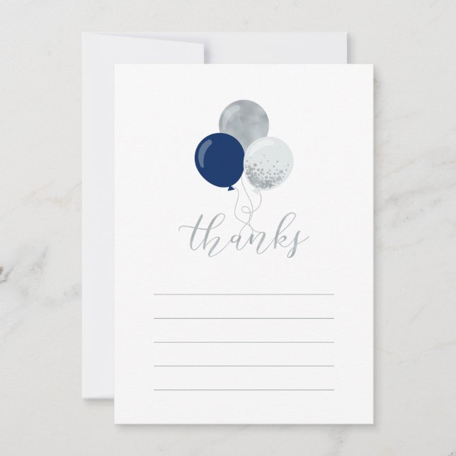 Silver & Navy Balloons | Party Thank You Note Card (Front)