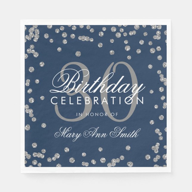 Silver Navy Blue 30th Birthday Glitter Confetti Napkins (Front)