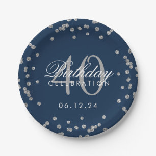 Silver Navy Blue 40th Birthday Glitter Confetti Paper Plates