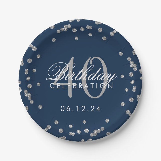 Silver Navy Blue 40th Birthday Glitter Confetti Paper Plates (Front)