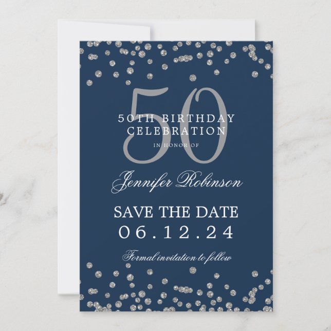Silver Navy Blue 50 Birthday Save Date Confetti Invitation (Front)