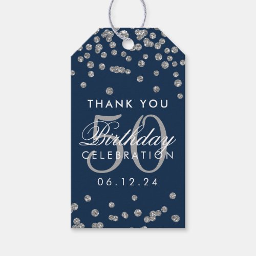 Silver Navy Blue 50th Birthday Thank You Confetti Gift Tags