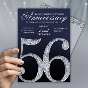 Silver Navy Blue 56th Wedding Anniversary  Invitation