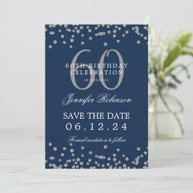 Silver Navy Blue 60th Birthday Save Date Confetti Invitation (Standing Front)