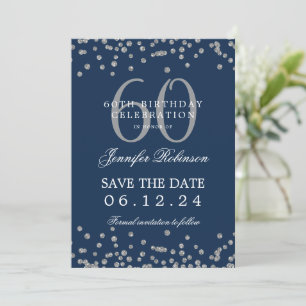Silver Navy Blue 60th Birthday Save Date Details Invitation