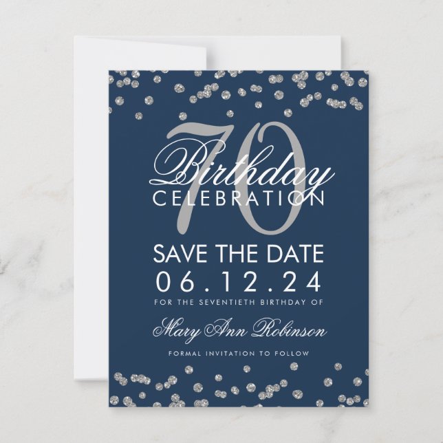 Silver Navy Blue 70th Birthday Save Date Confetti Save The Date (Front)
