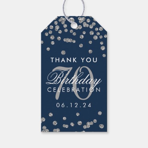 Silver Navy Blue 70th Birthday Thank You Confetti Gift Tags