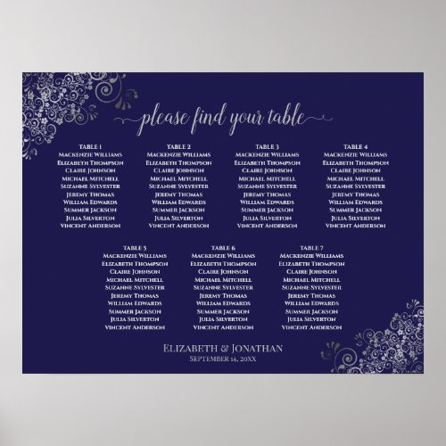 Silver  Navy Blue 7 Table Wedding Seating Chart