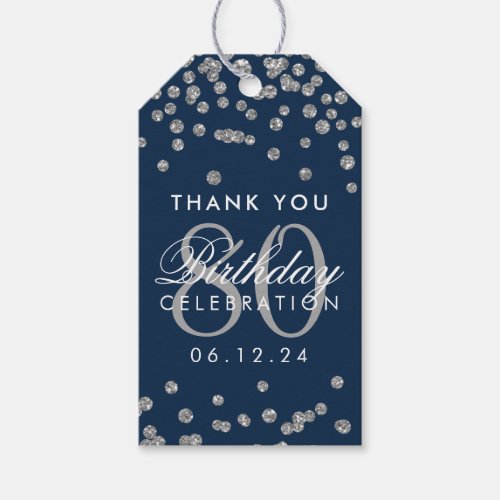 Silver Navy Blue 80 Birthday Thank You Glitter Gift Tags