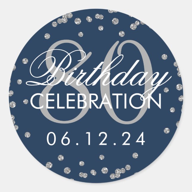 Silver Navy Blue 80th Birthday Glitter Confetti Classic Round Sticker (Front)