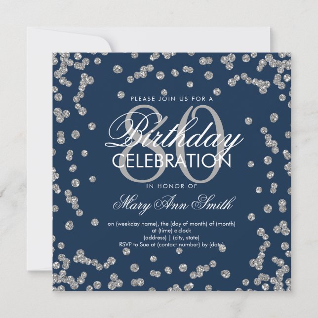 Silver Navy Blue 80th Birthday Glitter Confetti Invitation (Front)