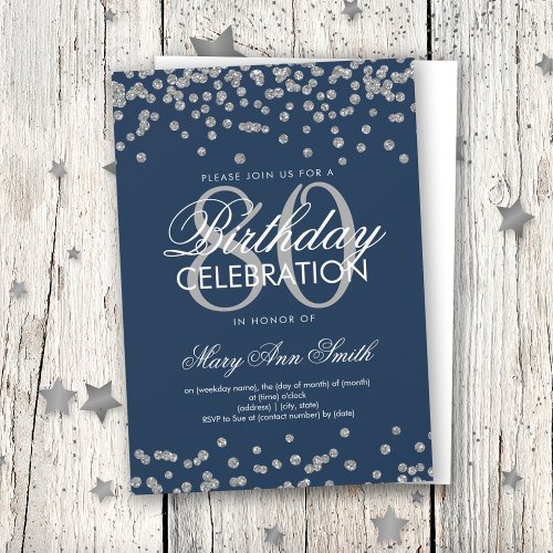 Silver Navy Blue 80th Birthday Glitter Confetti Invitation