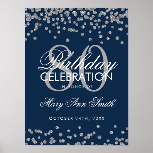 Silver Navy Blue 80th Birthday Glitter Confetti Poster