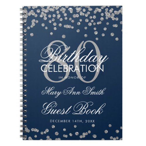 Silver Navy Blue 80th Birthday Guest Book Confetti