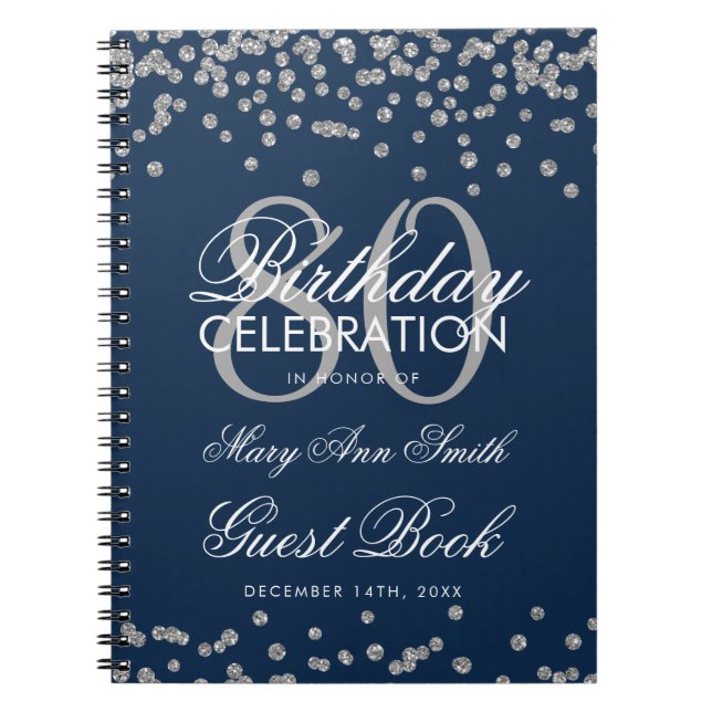 Silver Navy Blue 80th Birthday Guest Book Confetti (Front)