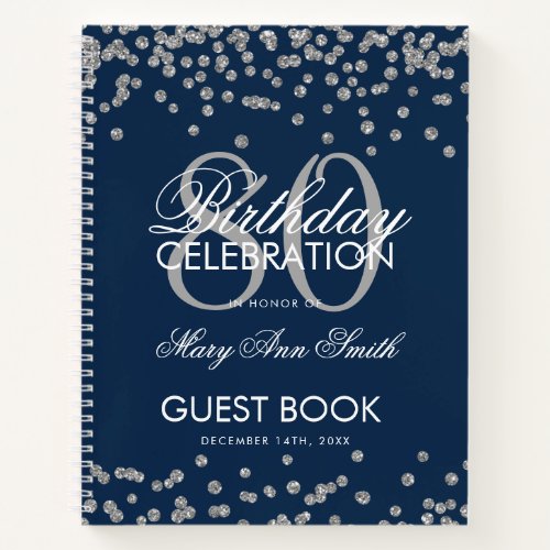 Silver Navy Blue 80th Birthday Guestbook Confetti Notebook