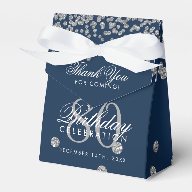 Silver Navy Blue 80th Birthday Thank You Confetti Favor Boxes (Front Side)