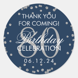 Silver Navy Blue 80th Birthday Thank You Glitter Classic Round Sticker
