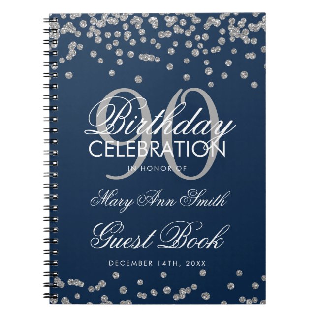 Silver Navy Blue 90th Birthday Guest Book Confetti (Front)