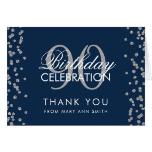 Silver Navy Blue 90th Birthday Thank you Glitter Cards