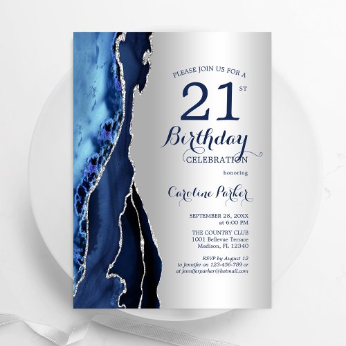 Silver Navy Blue Agate 21st  Birthday Invitation